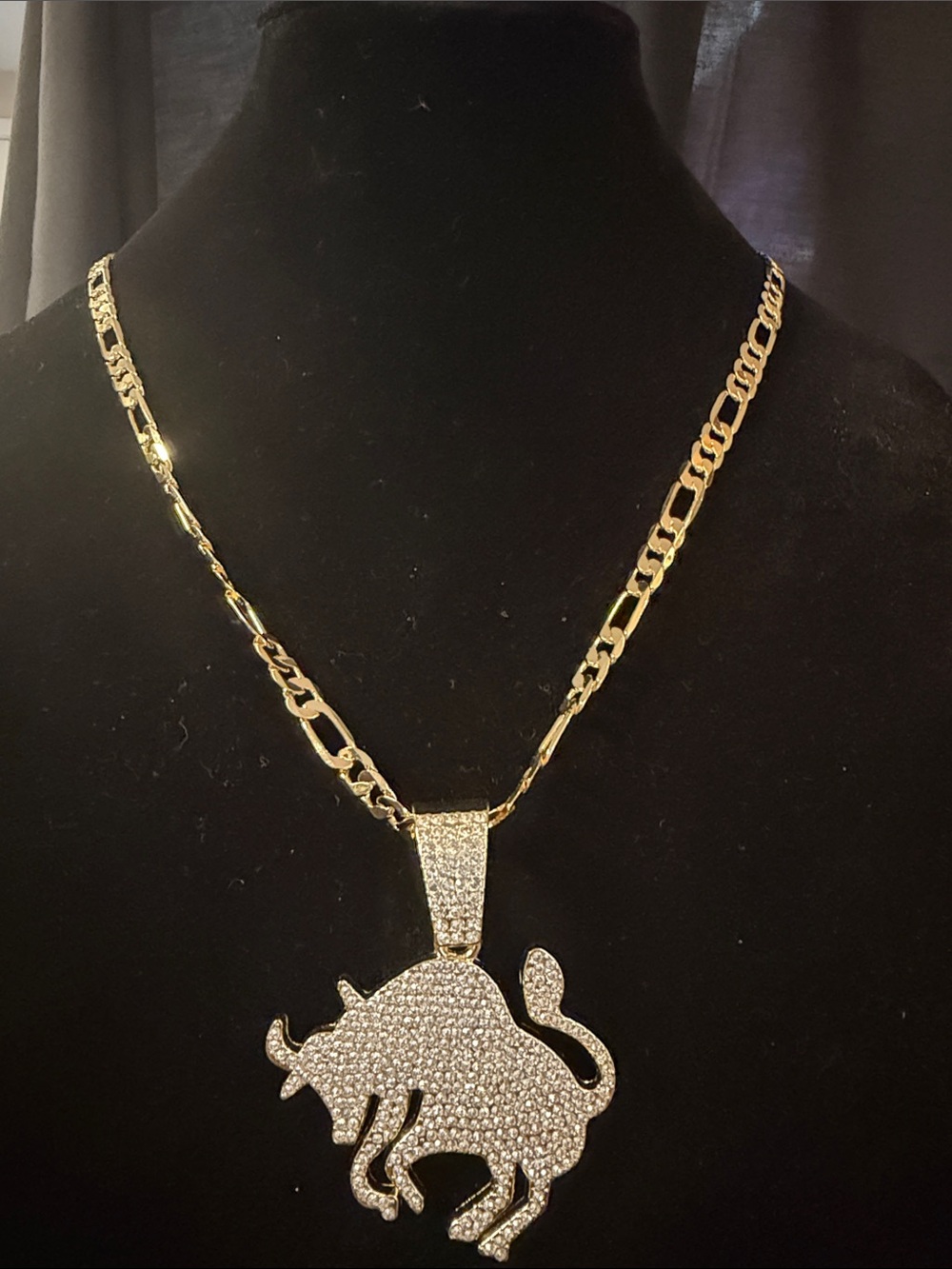 Gold Figaro Chain Necklace with Pave Crystal Bull Pendant - Gold